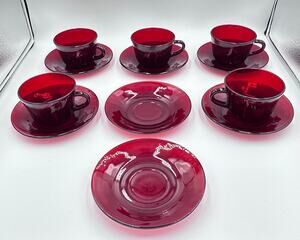1930's Royal Ruby by ANCHOR HOCKING Cup & Saucer 12pc Set